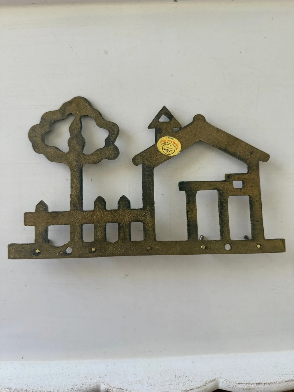 Vintage Whimsical Solid Brass House & Tree Wall Key Holder
